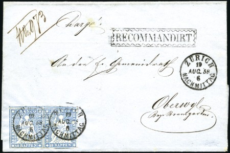 Stamp of Switzerland / Schweiz » Sitzende Helvetia Ungezähnt » 1856-57 Berner Druck (II) 10Rp blau in waagrechtem Paar auf Einschreibebrief