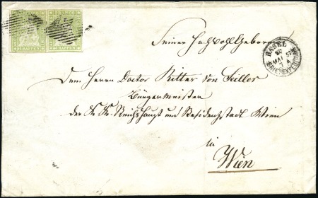 Stamp of Switzerland / Schweiz » Sitzende Helvetia Ungezähnt » 1856-57 Berner Druck (II) 40Rp in waagrechtem Paar auf Kuvert der 2.Gewichts