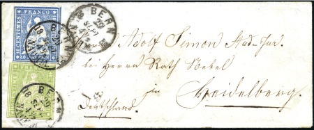 Stamp of Switzerland / Schweiz » Sitzende Helvetia Ungezähnt » 1856-57 Berner Druck (II) 10Rp blau + 40Rp grün auf Kuvert entwertet mit Ein