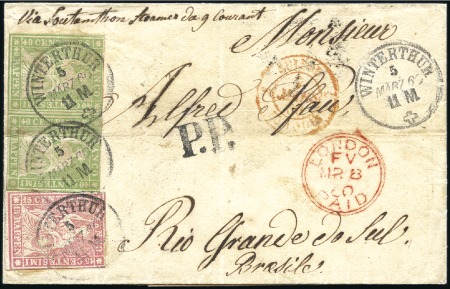 Stamp of Switzerland / Schweiz » Sitzende Helvetia Ungezähnt » 1856-57 Berner Druck (II) 40Rp grün (Paar) + Berner Druck III 15Rp karmin au