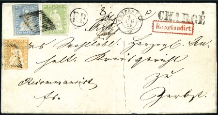 Stamp of Switzerland / Schweiz » Sitzende Helvetia Ungezähnt » 1856-57 Berner Druck (II) 40Rp gelblichgrün + 10Rp blau + Berner Druck I 20R