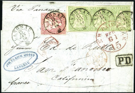 Stamp of Switzerland / Schweiz » Sitzende Helvetia Ungezähnt » 1856-57 Berner Druck (II) 40Rp in waagrechtem linkem Randdreierstreifen + Be