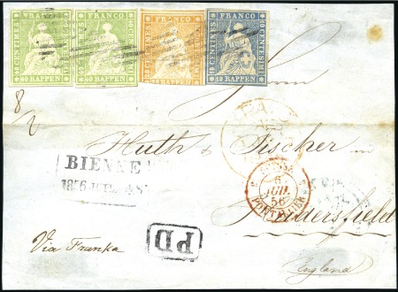 Stamp of Switzerland / Schweiz » Sitzende Helvetia Ungezähnt » 1856-57 Berner Druck (II) 40Rp hellgelblichgrün (2) + Berner Druck I 10Rp + 
