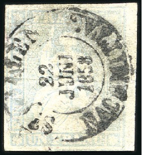 Stamp of Switzerland / Schweiz » Sitzende Helvetia Ungezähnt » 1856-57 Berner Druck (III) 1Fr violettgrau vom rechten Bogenrand, allseits gu