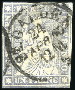 Stamp of Switzerland / Schweiz » Sitzende Helvetia Ungezähnt » 1856-57 Berner Druck (III) 1Fr violettgrau, Papier- und Schnittmängel aber se