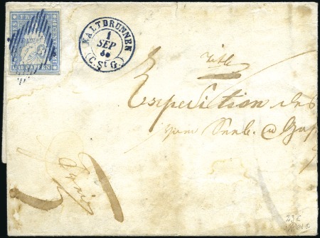 Stamp of Switzerland / Schweiz » Sitzende Helvetia Ungezähnt » 1856-57 Berner Druck (II) 5Rp braun, 10Rp blau, 40Rp grün - Kleines Lot Brie