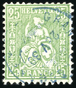 Stamp of Switzerland / Schweiz » Sitzende Helvetia Gezaehnt » Briefmarken 1867-1878 25C grün mit Abart: DOPPELDRUCK, gestempelt GRAND 