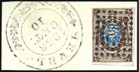 Stamp of Russia » Russia Imperial 1857-58 First Issues Arms 10k brown & blue (St. 1) CHERN: 10k brown & blue, plate II, with close to l