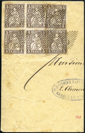 Stamp of Switzerland / Schweiz » Sitzende Helvetia Gezaehnt » Briefmarken 1862 5C braun, Viererblock und zwei Einzelstücke
