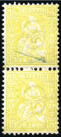 15C gelb, Paar davon 1. Marke mit blauer Monsterfa