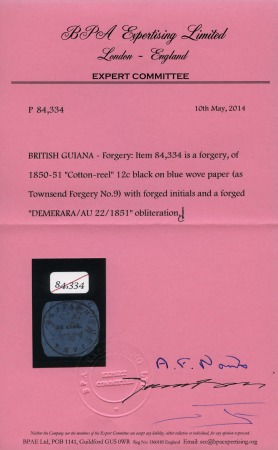 Stamp of British Guiana 1850-51 12 cents black on blue Townsend forgery no