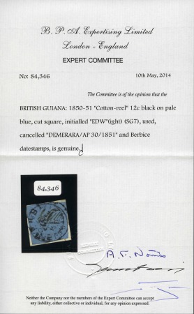 Stamp of British Guiana 1850-51 12 cents black on pale blue, with initials