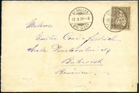 Stamp of Switzerland / Schweiz » Sitzende Helvetia Gezaehnt » Destinationen RUMÄNIEN 1878: 5C braun, entwertet ST.GALLEN 12 II