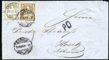 OESTERREICH 1868: 2C grau und 5C rot, entwertet ZÜ