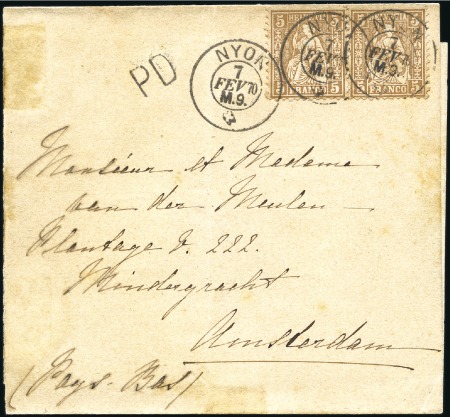 HOLLAND 1870: 5C braun (2), entwertet NYON 7 FEVR.