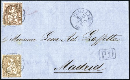 SPANIEN 1865: 1Fr. golden und 60C kupferbronze, en