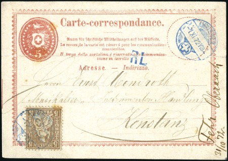 1870 5C karminrot und Zusatzfrankatur Sitzende Hel