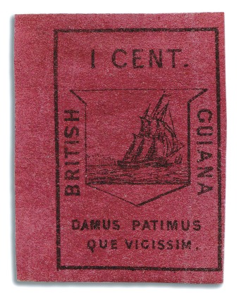 Stamp of British Guiana 1852 Waterlow 1 cent black on magenta, part sheet 