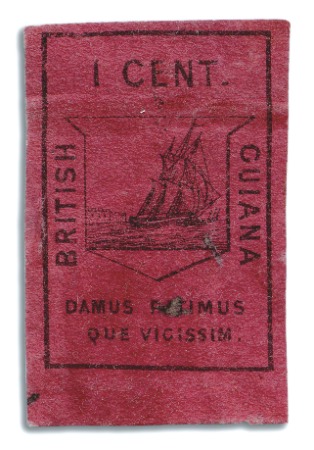 Stamp of British Guiana 1852 Waterlow 1 cent black on magenta, unused with
