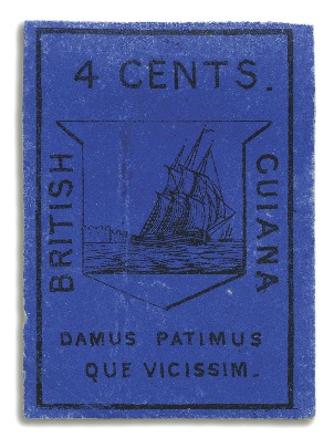 Stamp of British Guiana 1852 Waterlow 4 cents black on deep blue, exceptio