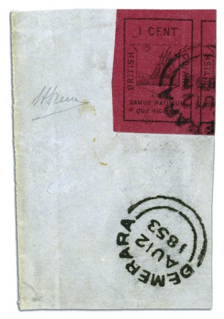 Stamp of British Guiana 1852 Waterlow 1 cent black on magenta, a huge exam