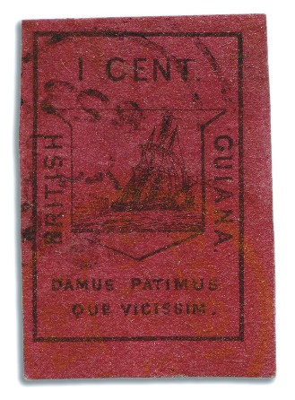Stamp of British Guiana 1852 Waterlow 1 cent black on magenta, good margin