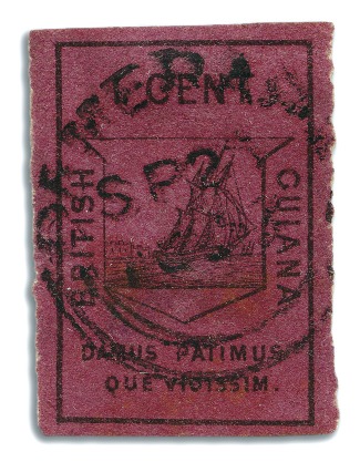 Stamp of British Guiana 1852 Waterlow 1 cent black on deep magenta (almost