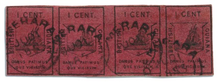 Stamp of British Guiana 1852 Waterlow 1 cent black on magenta, Types Ia-II