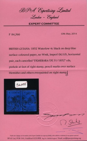 Stamp of British Guiana 1852 Waterlow 4 cent black on deep blue, extremely