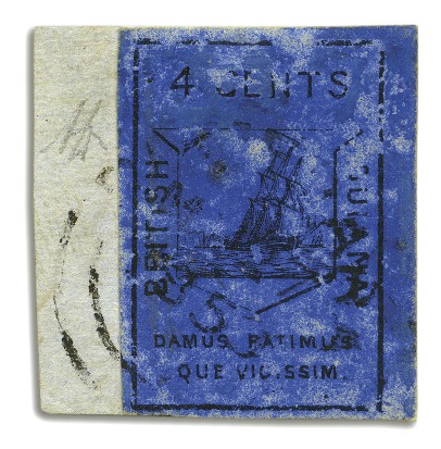 1852 Waterlow 4 cent black on deep blue, margins a
