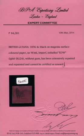 Stamp of British Guiana 1856 Provisional 4 cents black on magenta, initial