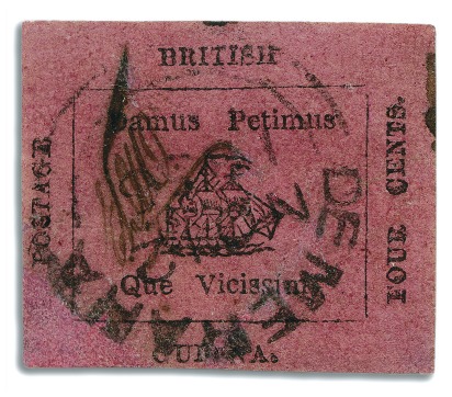 Stamp of British Guiana 1856 Provisional 4 cents black on rose-carmine, in