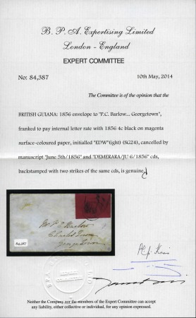 Stamp of British Guiana 1856 Provisional 4 cents black on magenta, Type 2,