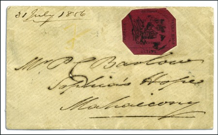 Stamp of British Guiana 1856 Provisional 4 cents black on magenta, Type 4,