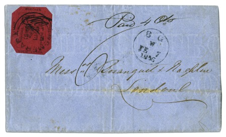 1856 Provisional 4 cents black on magenta, initial