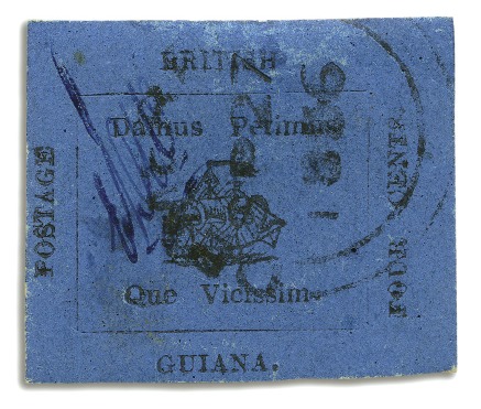 Stamp of British Guiana 1856 Provisional 4 cents black on blue glazed surf
