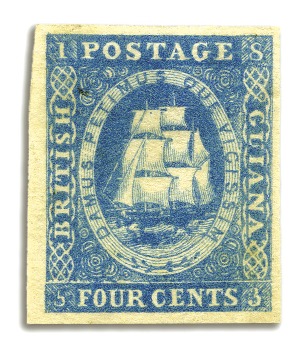 Stamp of British Guiana 1853-55 Waterlow lithographed 4 cents deep blue, v