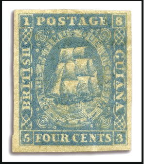 Stamp of British Guiana 1860 figures framed 4 cents dull blue, fresh mint 