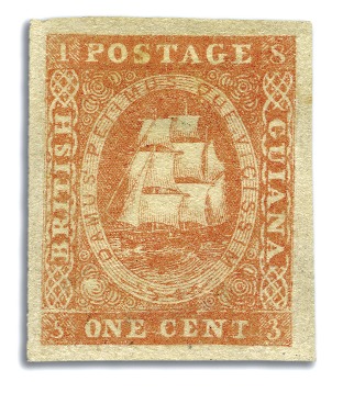 Stamp of British Guiana 1853-59 Waterlow lithographed 1 cent dull red type