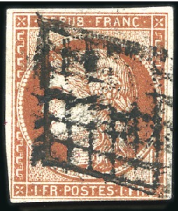 1849 1F vermillon, obl. grille, trois belles marge