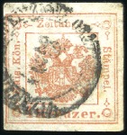 1858 4Kr red, type I, used with newspaper cancella