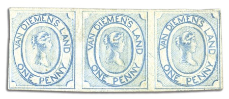 1853 1d Pale blue unused strip of three, worn impr