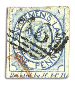Stamp of Australia » Tasmania 1853 1d Blue used with printer's inscription "Prin