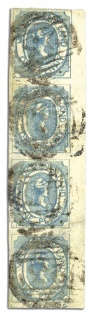 Stamp of Australia » Tasmania 1853 1d Blue used vertical strip of four with prin