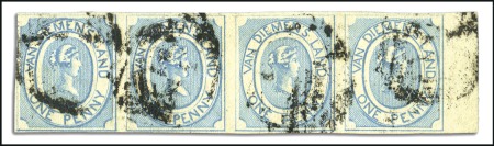 Stamp of Australia » Tasmania 1853 1d Blue used right marginal strip of four, po
