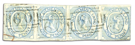 1853 1d Pale Blue strip of four, pos.13-16, worn i