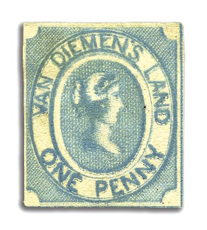 Stamp of Australia » Tasmania 1853 1d Blue unused showing a very distinct "kiss"