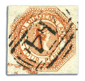 Stamp of Australia » Tasmania 1853 4d Bright Red-Orange used, plate 1, state 1, 