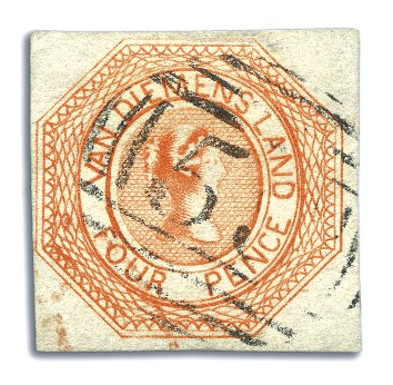 Stamp of Australia » Tasmania 1853 4d Bright Red-Orange, plate 1, state 1, close