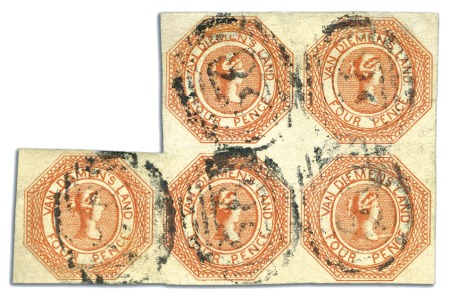 Stamp of Australia » Tasmania 1853 4d Bright Red-Orange used block of five, pl.1